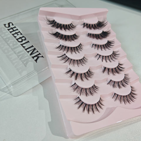 Sheblink Mixed Style Faux Mink Lashes 8 Pairs - 8D Fluffy Cat Eye False Eyelashes with D Curl, Soft Reusable Strip Lashes for Daily Makeup & Salon-Grade Extensions Effect
